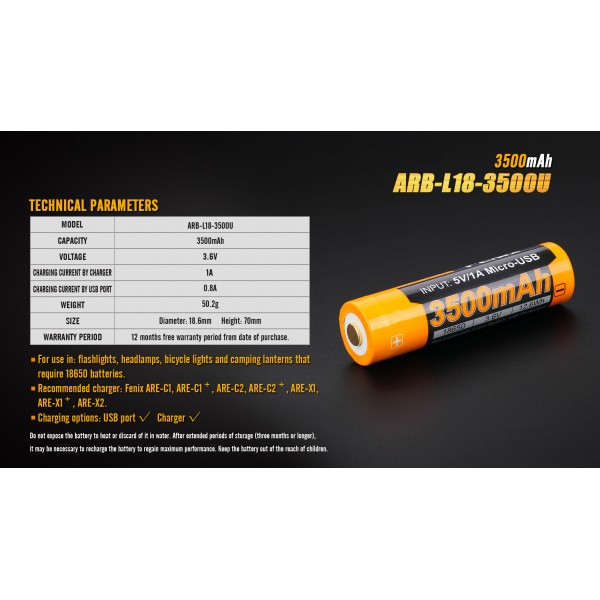 Акумулятор 18650 Fenix ARB-L18-3500U (3500 mAh), захищений, вбудований порт заряджання micro-USB