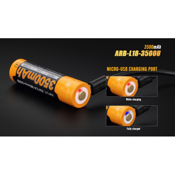 Акумулятор 18650 Fenix ARB-L18-3500U (3500 mAh), захищений, вбудований порт заряджання micro-USB