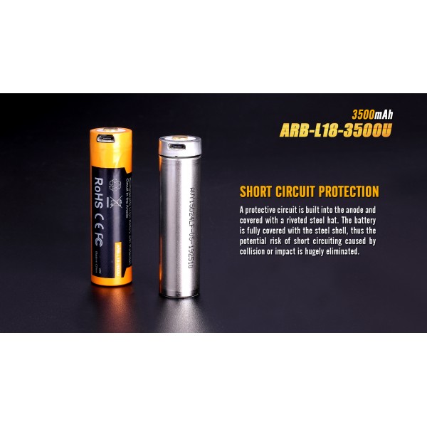 Акумулятор 18650 Fenix ARB-L18-3500U (3500 mAh), захищений, вбудований порт заряджання micro-USB