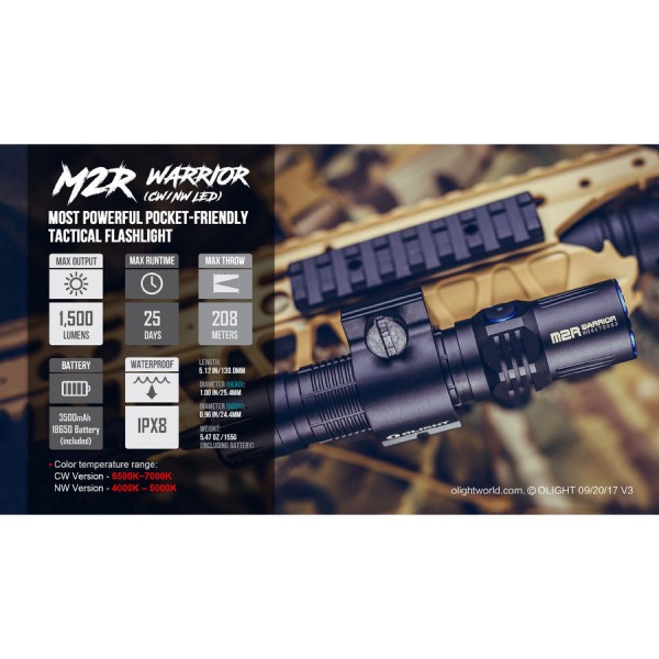 Ліхтар Olight M2R Warrior NW/CW + акумулятор Li-ion 3500 мА/год, зарядне USB