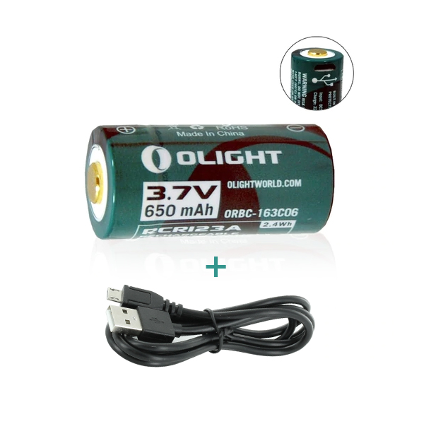 Акумулятор RCR123 Li-Ion Olight 3.7V (650mAh), захищений, з USB-портом + USB-шнур у комплекті!