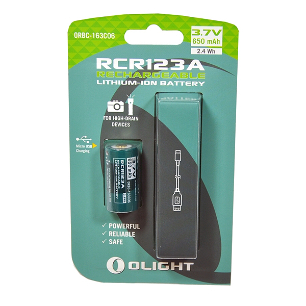Акумулятор RCR123 Li-Ion Olight 3.7V (650mAh), захищений, з USB-портом + USB-шнур у комплекті!
